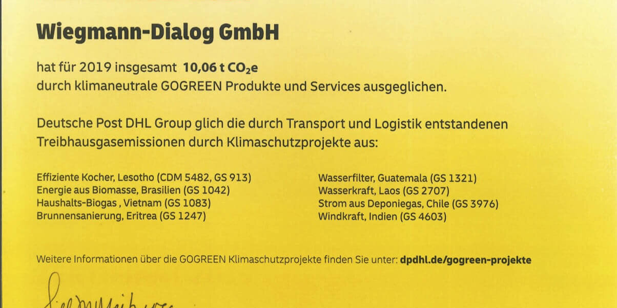 GOGREEN Zertifikat der Deutschen Post für Wiegmann Dialog