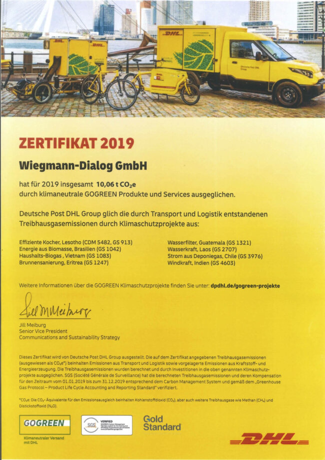 GOGREEN Zertifikat der Deutschen Post für Wiegmann Dialog