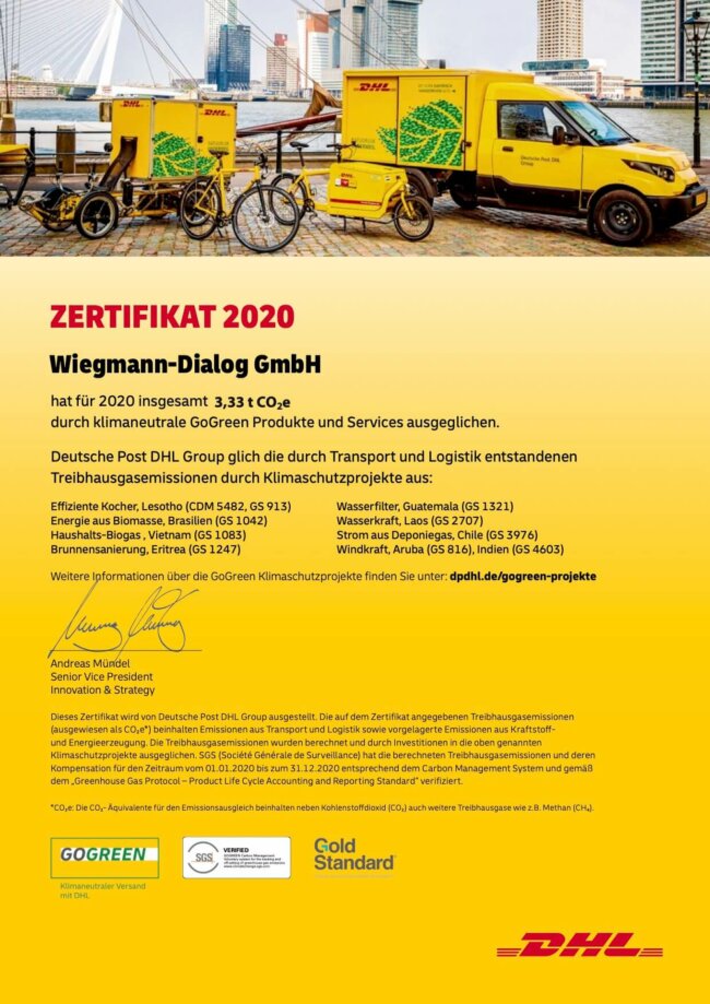 GOGREEN 2020 Zertifikat der Deutschen Post für Wiegmann Dialog